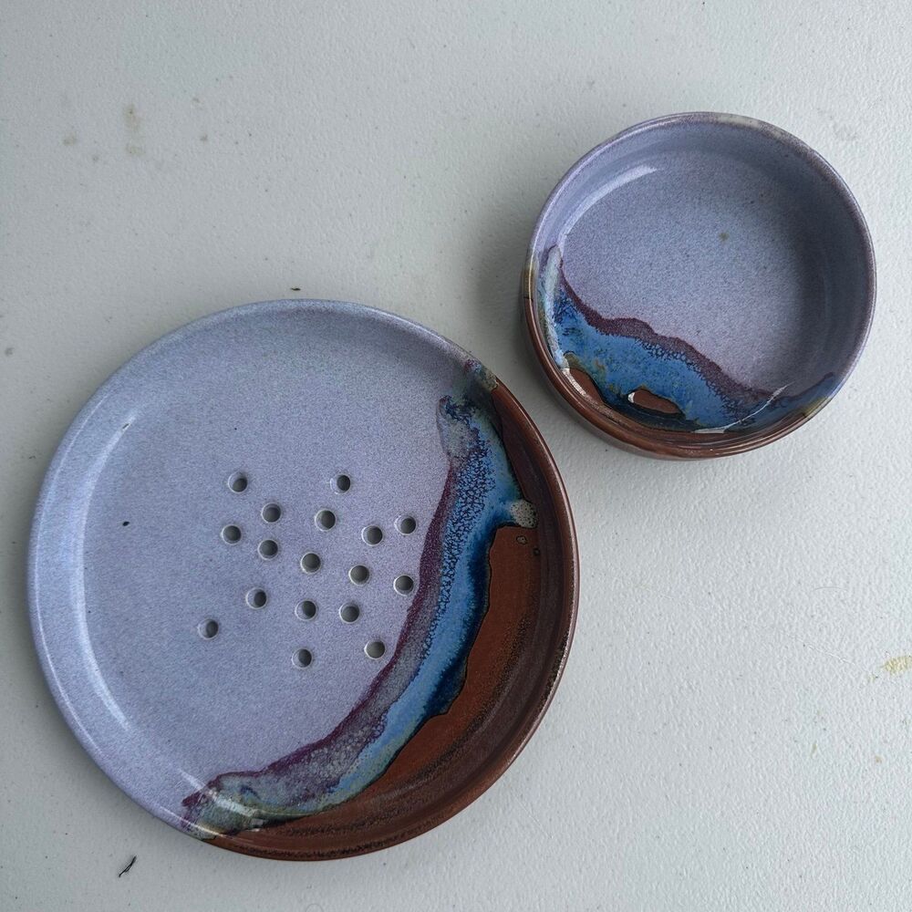P.C. Hawaii Handmade 2 Piece Tideline Berry Bowl Plate Colander Pottery Set